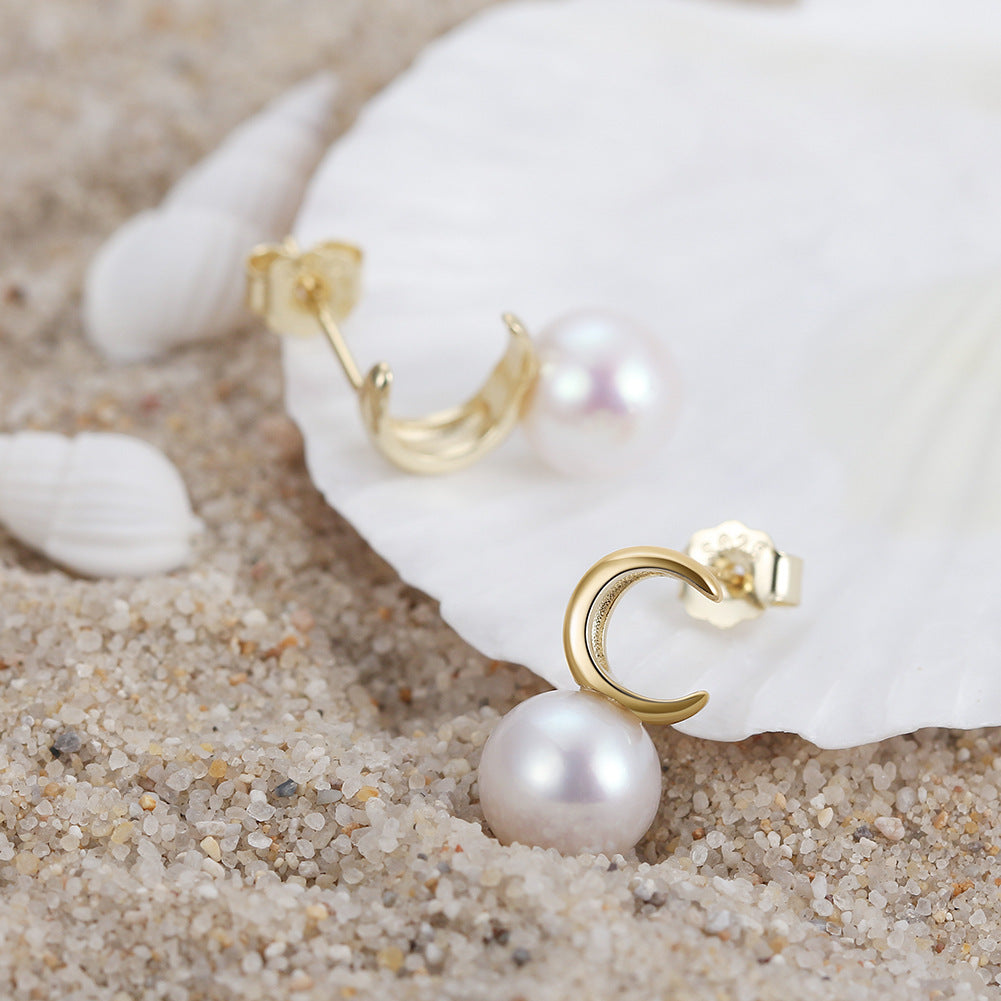 Sterling Silver Moon Natural Pearl Earrings