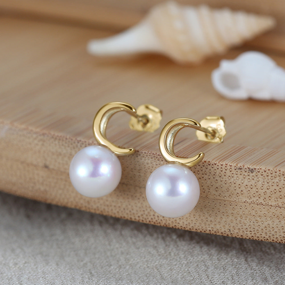 Sterling Silver Moon Natural Pearl Earrings