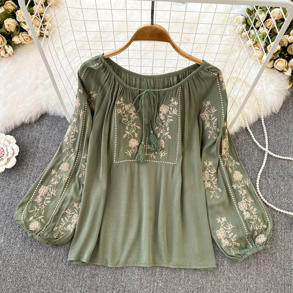 Retro Ethnic Style Temperament Long Sleeve Round Neck Pullover Embroidery Loose Shirt