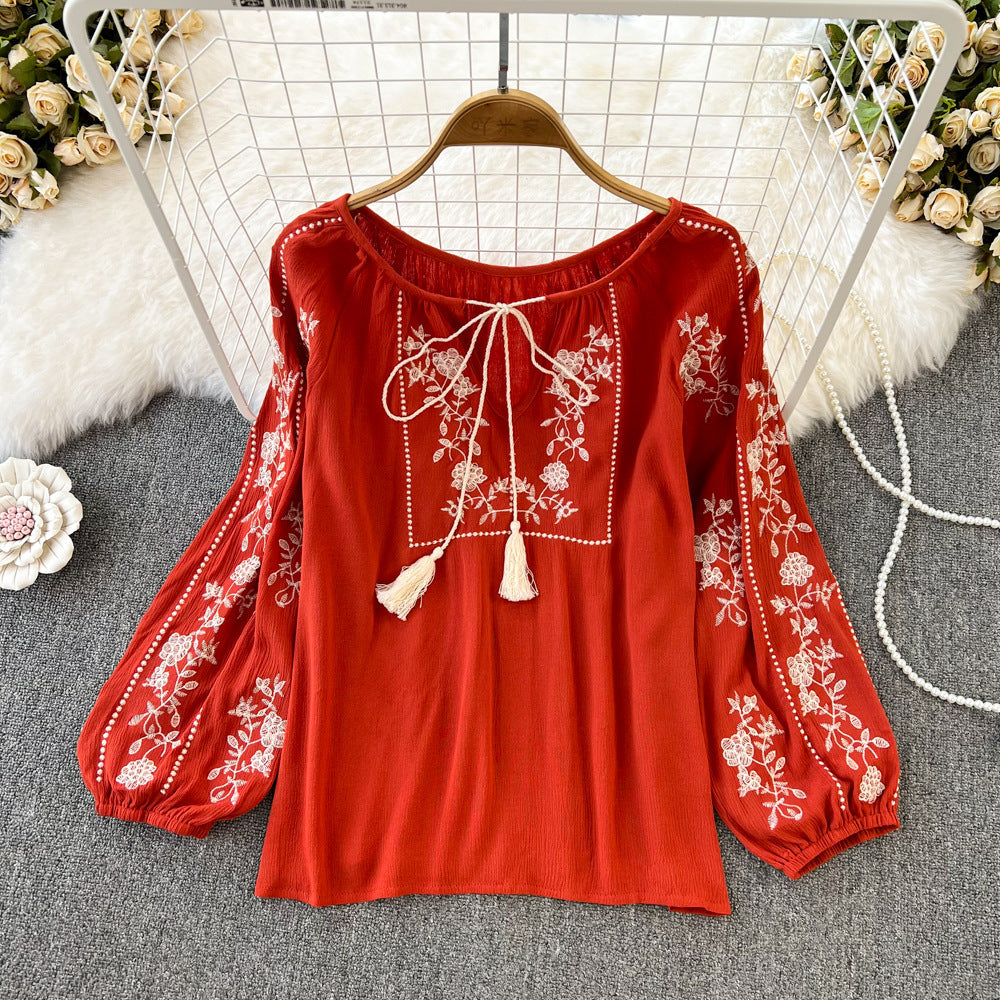 Retro Ethnic Style Temperament Long Sleeve Round Neck Pullover Embroidery Loose Shirt