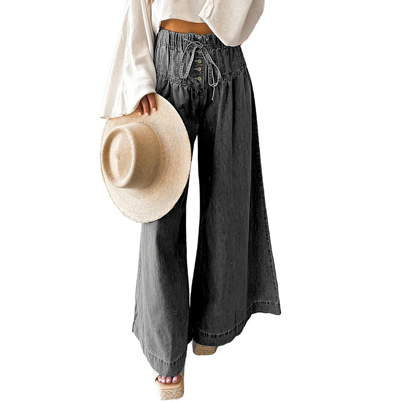 Solid Color High Waist Wide Leg Pants Women European And American Leisure Style Multi Button Jeans Women