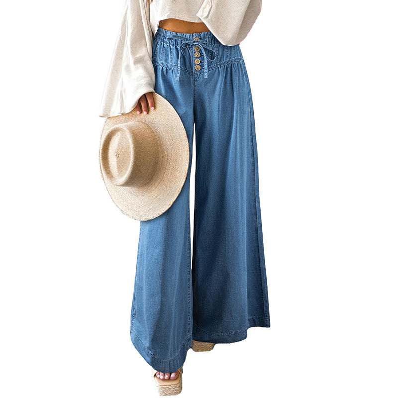 Solid Color High Waist Wide Leg Pants Women European And American Leisure Style Multi Button Jeans Women