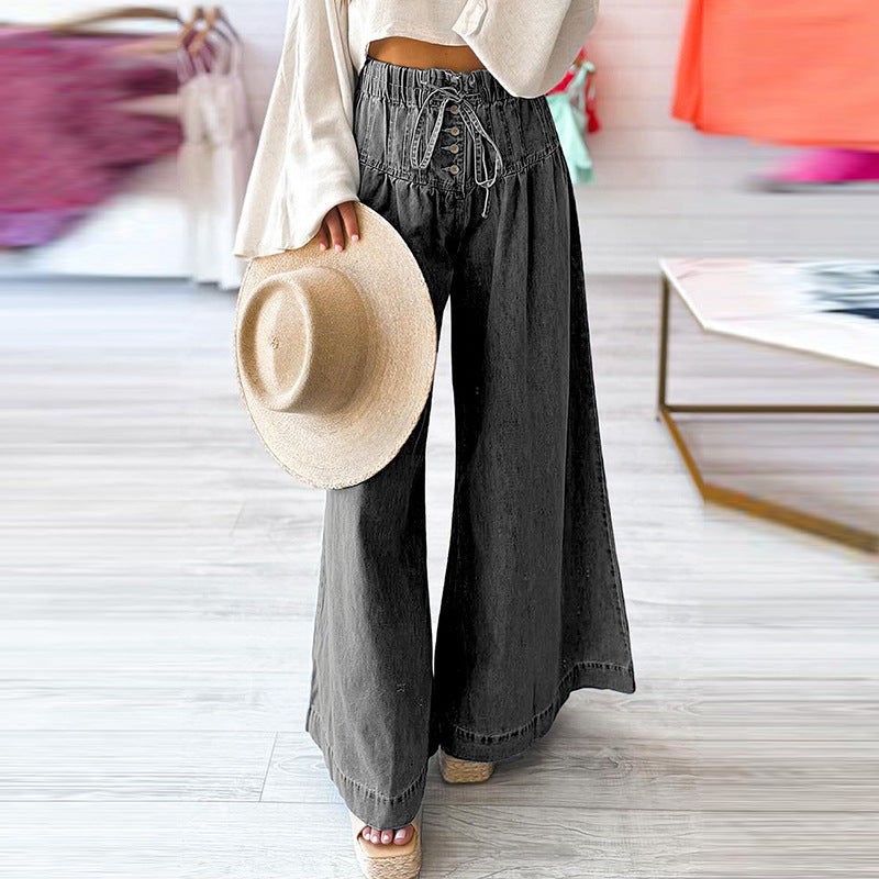 Solid Color High Waist Wide Leg Pants Women European And American Leisure Style Multi Button Jeans Women