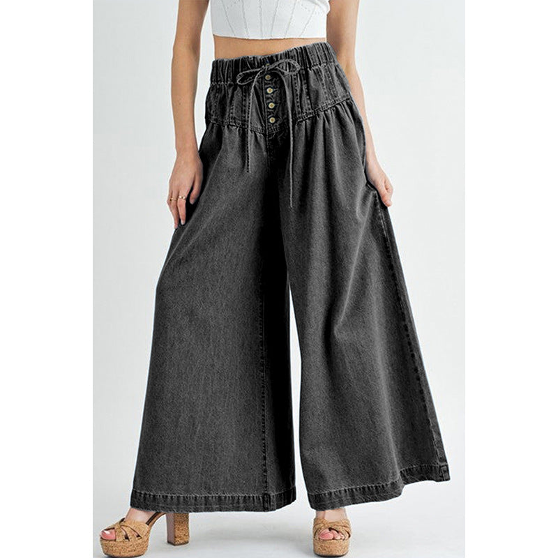 Solid Color High Waist Wide Leg Pants Women European And American Leisure Style Multi Button Jeans Women