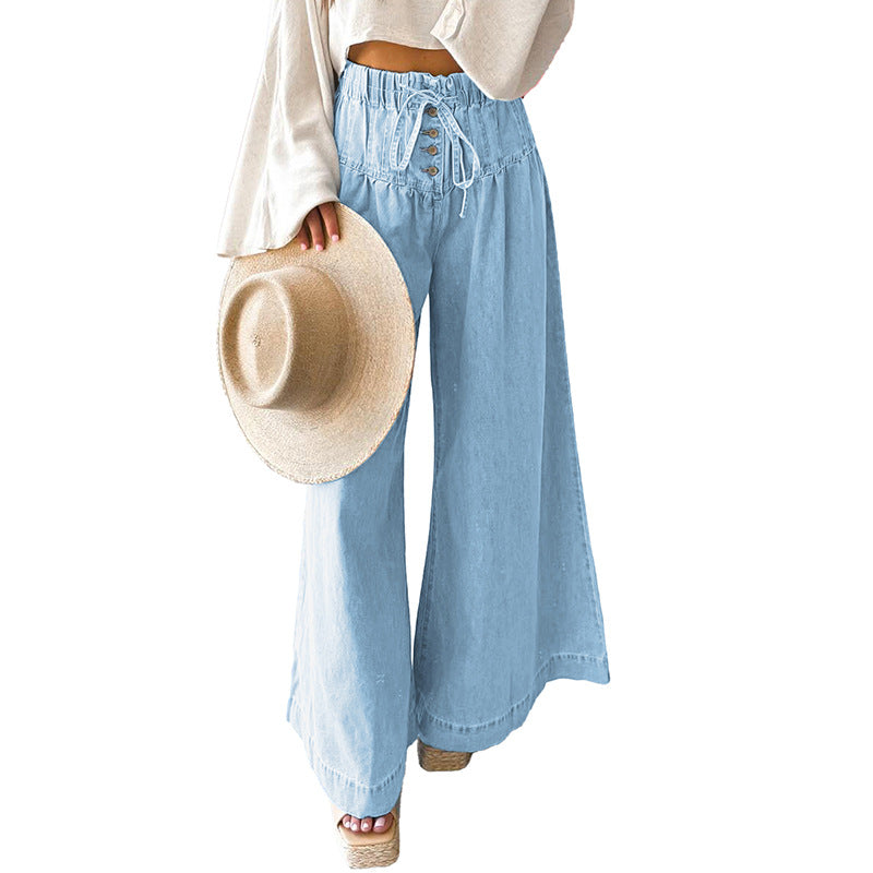 Solid Color High Waist Wide Leg Pants Women European And American Leisure Style Multi Button Jeans Women