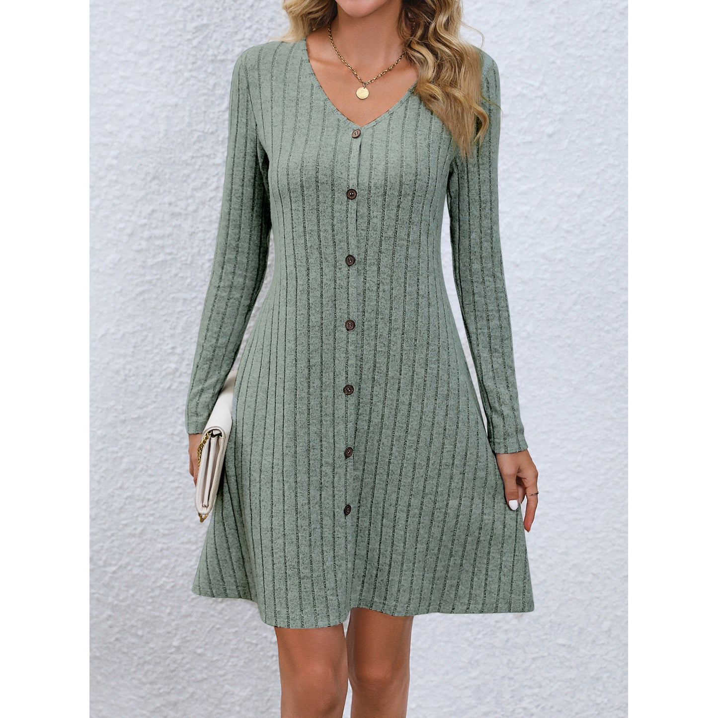 Fashion V-neck Long Sleeves Dress With Button Waist-controlled Design Slim Dresses Womens Clothing