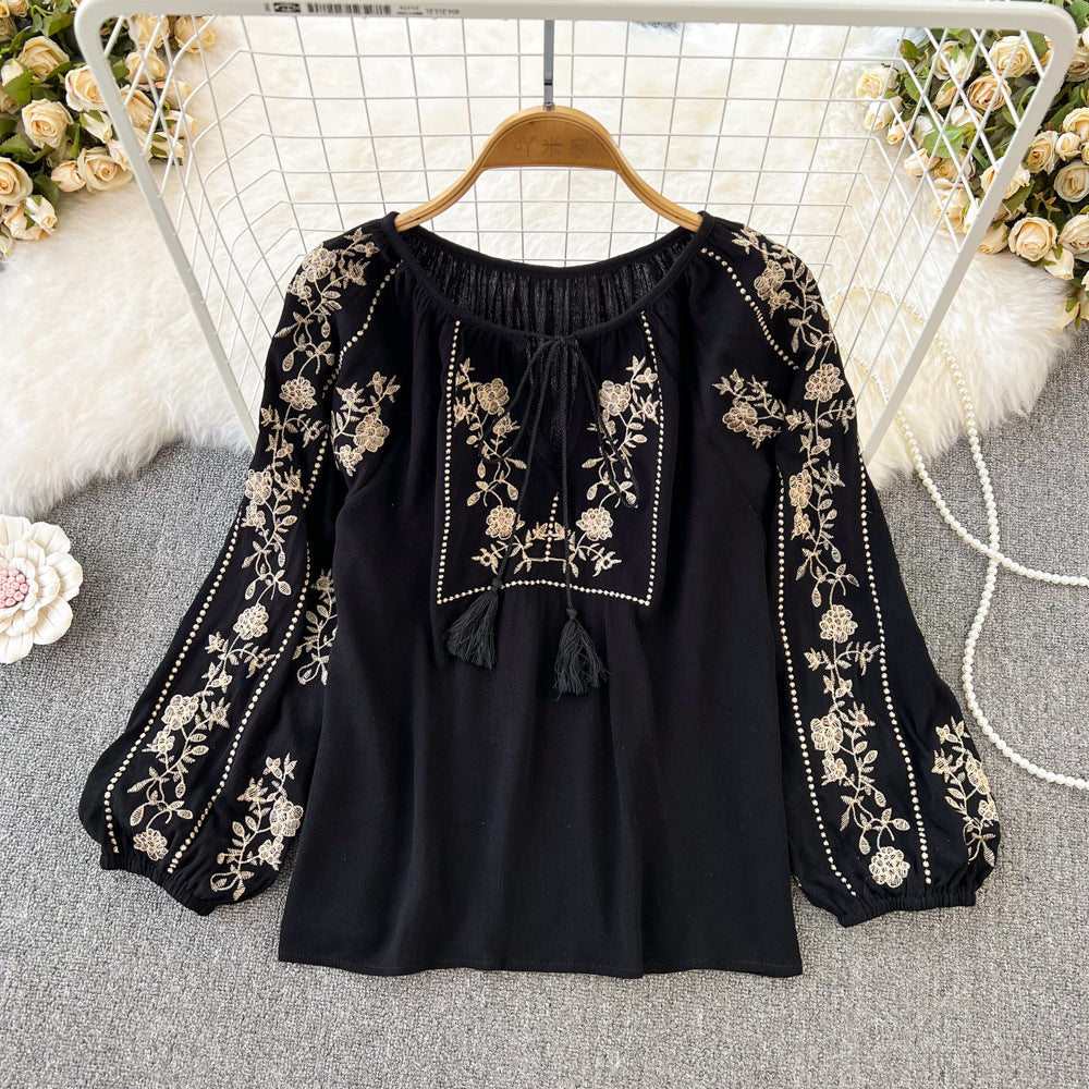 Retro Ethnic Style Temperament Long Sleeve Round Neck Pullover Embroidery Loose Shirt